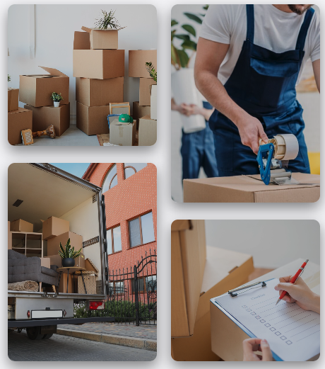 Collage of moving scenes including a truck loaded with boxes outside a townhome, a mover reviewing a checklist, and movers packing boxes
